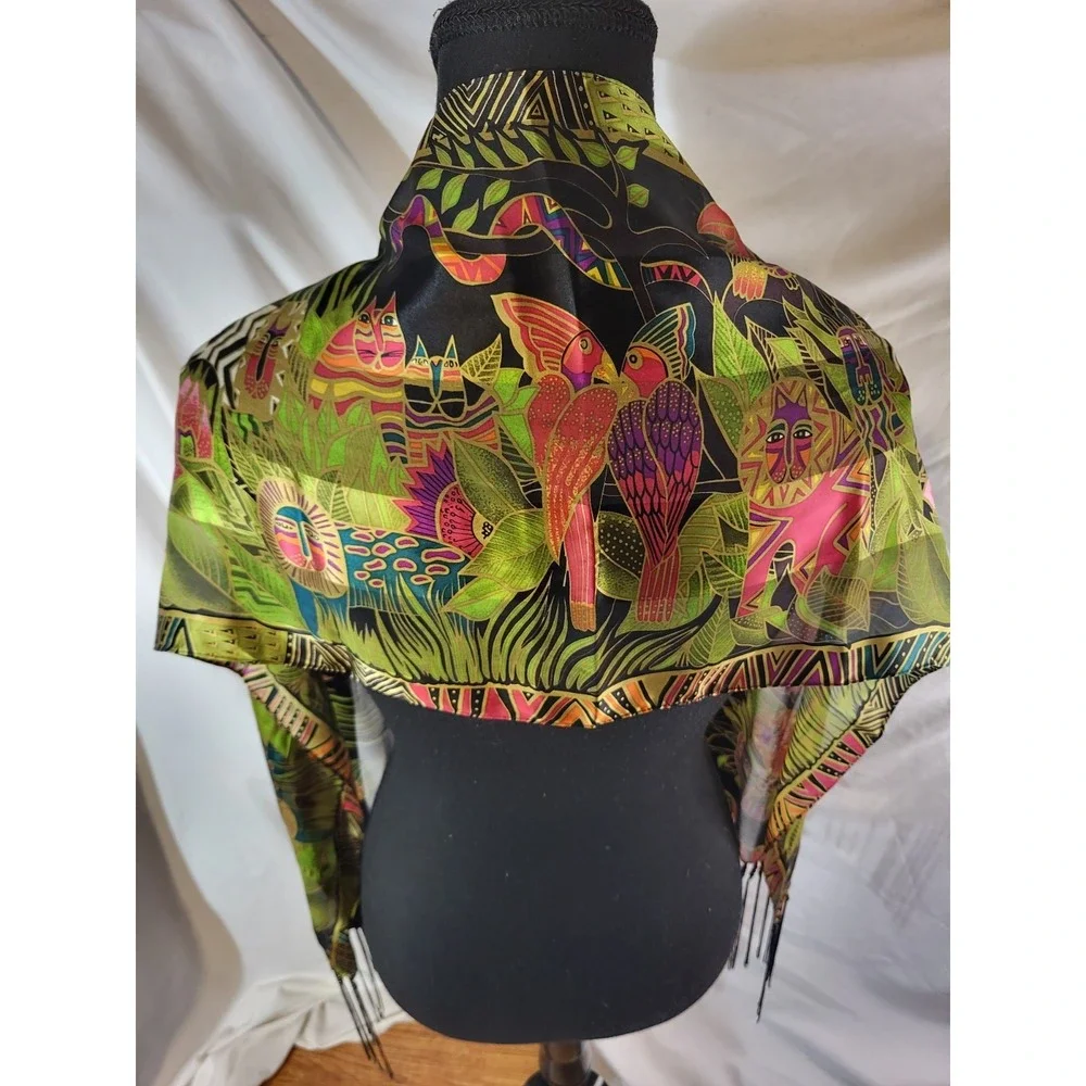 Laurel Burch 100% Silk Scarf Mulitcolor Jungle Cat Bird Snake Beaded Fringe 53